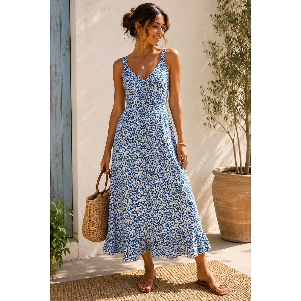 Lulus Blue White Daisy Floral Midi Dress V-Neck Ruffle Hem CD243L Womens Size M